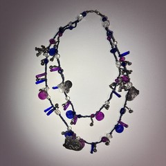 Silver Folk Art Necklace Cats Bells Music Mexico West Purple Beads Glass Charm
