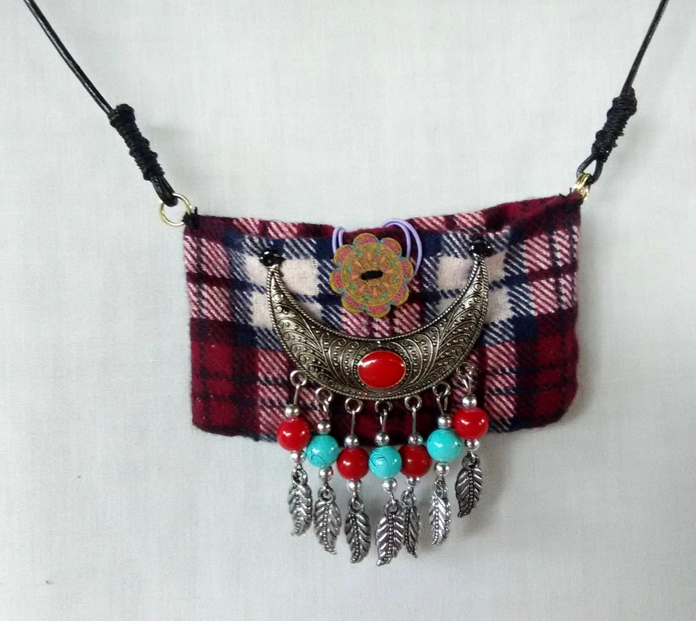 Women Boho Fabric Textile NECKLACE 32″ Amulet Gypsy USA Seller New