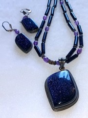 Black Sun Siteria Pendant & Earrings in Sterling Silver Bezel Amethyst Beads