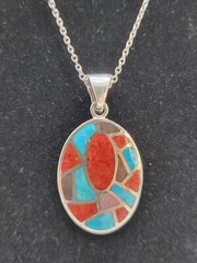 Vintage Coral Turquoise MOP Inlay Oval Pendant Necklace 925 Sterling Silver 18″