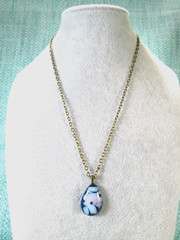 Fused Glass Pendant w/ 18″ Antiqued Brass Tone Cable Chain / White Blue Pink / N
