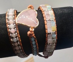 Boho Rose Quartz Stone Heart Beaded 3-Layer Adjustable Rope Wrap Bracelet