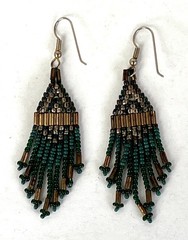 Green & Yellow Seed Beads w/ Gold Tone Tube Beads Hook Earrings 3” Drop Vintage
