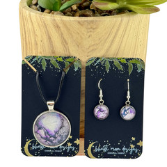 Pendant Necklace & Earrings Handmade «Icy Amethyst» Silver Bezel 32mm Black Cord