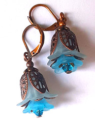 AQUA SKY BLUE acrylic & crystal FLOWER FILIGREE LEAF earring COPPER LEVER BACK