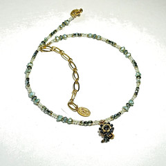 Artisan Michal Golan Glass Crystal Pendant Necklace Blue Beads Gold Tone 18″