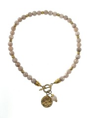 Gold Medallion Pendant Necklace Round Peach/Pink Jade Beads w/ Gold Toggle Clasp
