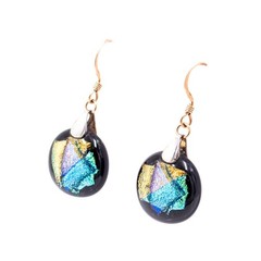 14K Yellow Gold Filled Dichroic Art Glass Dangle Earrings 1 1/2 Inch Artisan Dro