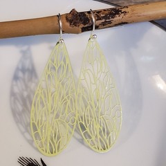 Handcrafted Lacy Yellow Green Filigree Slim Teardrop Enamel Pendant Earrings
