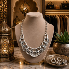 Silver Layered Crescent Links Statement Necklace Bold Antiqued Fashion Jewelry