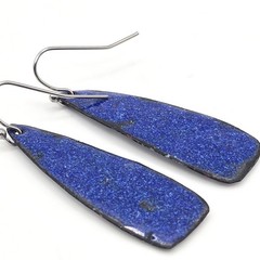 Handmade Artisan Enamel on Metal Drop Earrings White Black Pattern Blue Backing