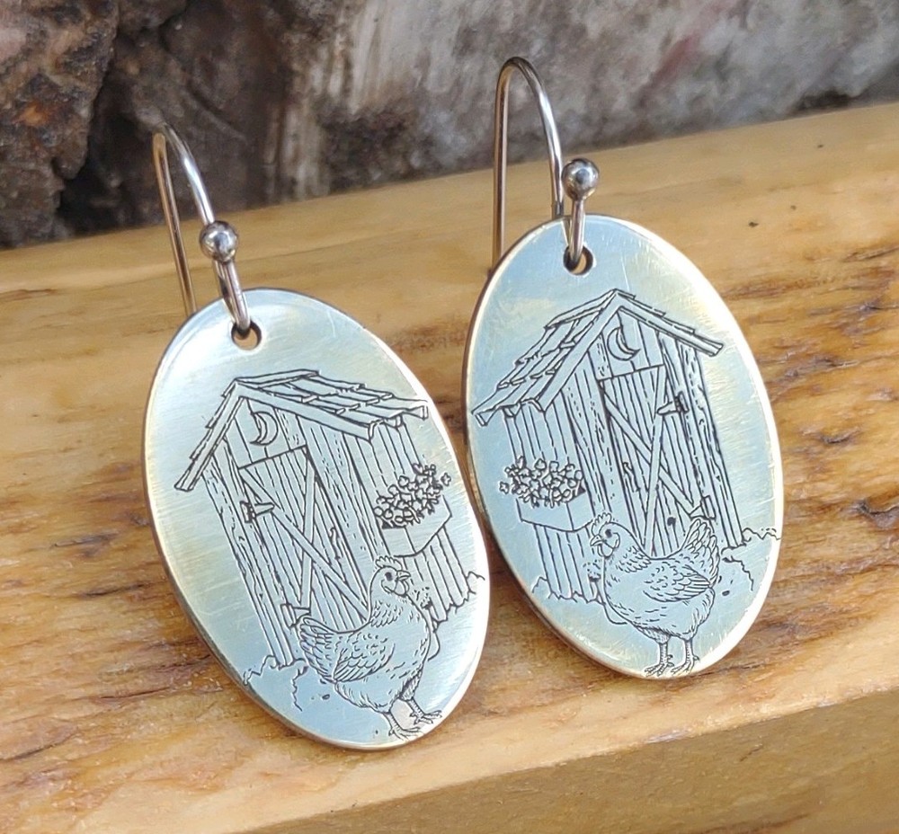 MAD Laser Engraved chicken Dangle Earrings solid brass, Handcrafted