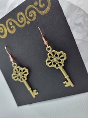 Skeleton Key Steampunk Key Bronze Earrings Sterling Silver Rose Gold Tone Hooks