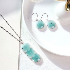 Handmade Celadon Lotus Jewelry Set 925 Sterling Silver Necklace Earrings Korean