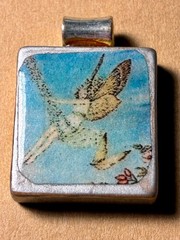 5 Handmade Wooden Tile Art Pendants Fairy Bird Nouveau Circus Unique Retro Boho