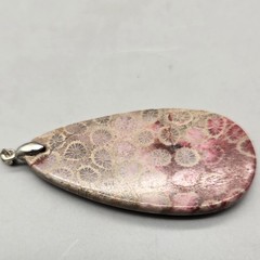 Fossil Coral Big Double Sided Tear Drop Pendant 2.35″ or 59.6 mm, 18KGP Bail
