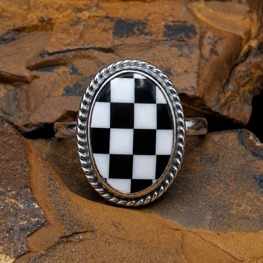 Black Onyx MOP Checkerboard Ring Adj 5-10 Sterling Silver Boho Southwestern