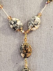 Elegant Handmade Spotted Jasper Gemstone Beaded Necklace Crystal Accents Y Drop