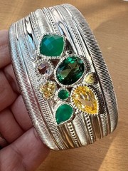 JUDITH RIPKA WIDE CUFF BRACELET STERLING &18K GREEN QUARTZ CANARY CZ CHALCEDONY