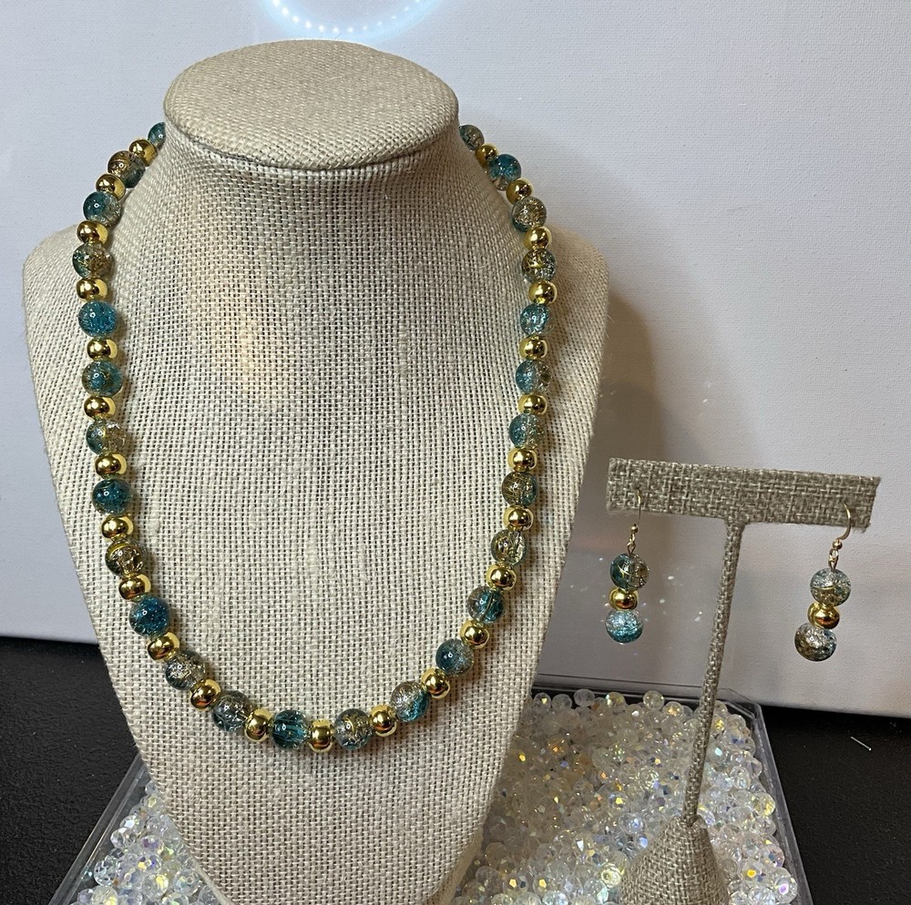 Handmade Blue Clear Gold Crackle Glass & Metal Bead Necklace 18k GP Earrings Z