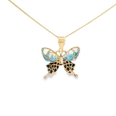 14k Solid Gold Butterfly Hand-Painted Double Charm 3D Necklace – Blue, Black
