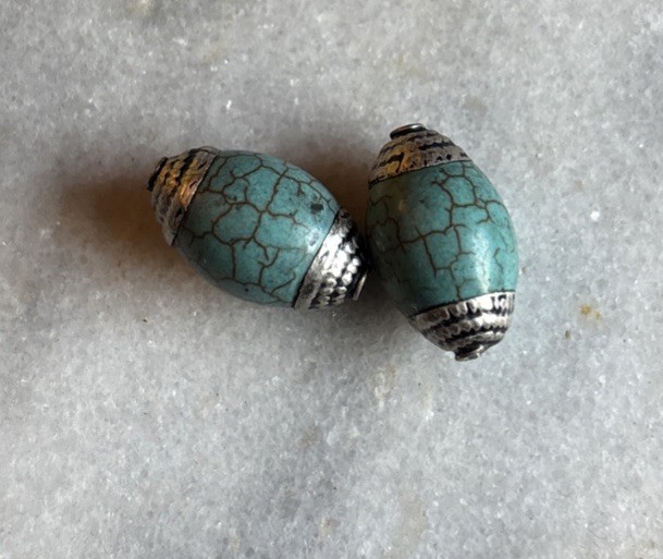 Two Vintage Tibetan Turquoise Beads in Repousse Silver CC26