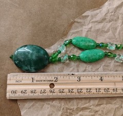 Gorgeous GREENS! Oval Serpentine Stone Pendant, Glass and Jadeite 23″ Necklace!