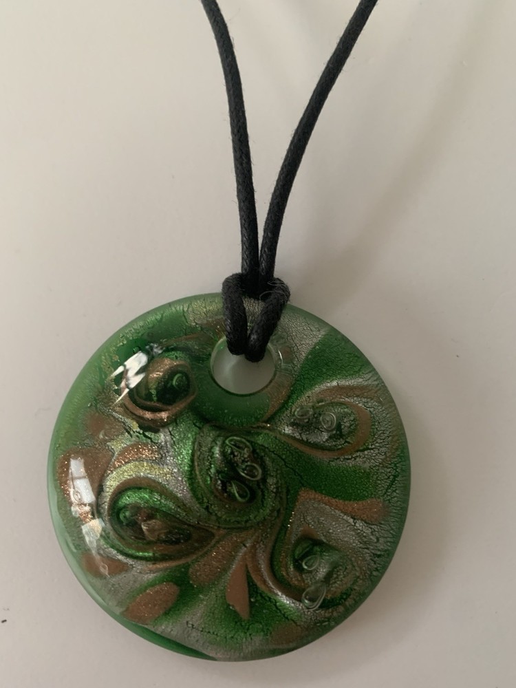 Pendant Green Glass Gold Foil & Necklace Lacing 15-18 In Adjustable Length