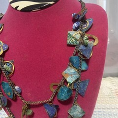 VTG 1980’s ARTISAN NECKLACE Painted Metal & Semi-Precious Stones Double Strand