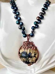 New Handmade Statement Necklace- Wire Wrapped Stone with Black Button Pearls