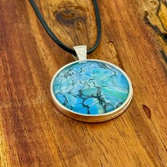 Pendant Necklace Handmade «Alaska Waters» Silver Bezel 30mm Black Cord