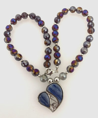 Rhodium 1 1/4″ x 1 1/4″ Kyanite Heart Iridescent Crystal Beaded 19″ Necklace A5