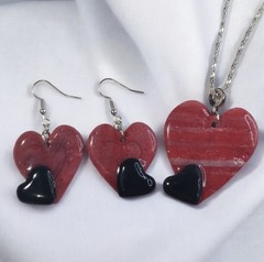Handcrafted Silver Earring Necklace Set Polymer Clay Red Black Heart Pendant