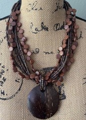 Necklace Beaded Multi Strand Brown Seed Coconut Shell Pendant Statement Boho