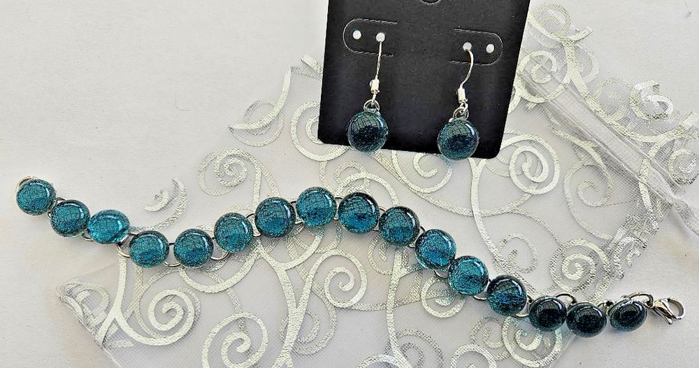 Handcrafted Fused Aquamarine Blue Dichroic Glass Bracelet & Bonus Earrings