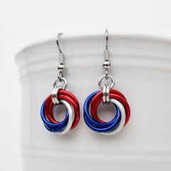 Red, white and blue chainmail love knot earrings, American patriotic jewelry