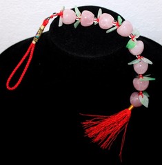 Pink Quartz Stone Apple Bead Tassel Charm Decoration w Jade Leaves