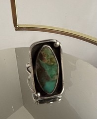 Silver Tone Statement Ring Size 6 Marquise Green/Brown Bezel Set Stone