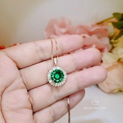 Round 3 CT Emerald Necklace Rose gold Gemstone Sun Halo Pendant Sterling Silver