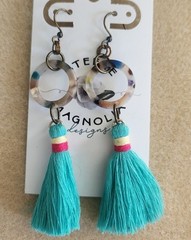 Handmade Resin Dangle Earrings with Turquoise Blue-Green & Pink/Yellow Tassels