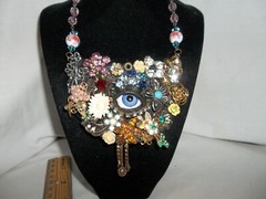 *SALE*Vintage Victorian Flower Antique Eye Rhinestone Collage Statement Necklace