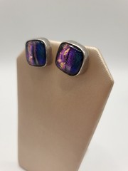 950 Fine Sterling Silver Square Dichroic Metallic Glass Pierced Stud Earrings