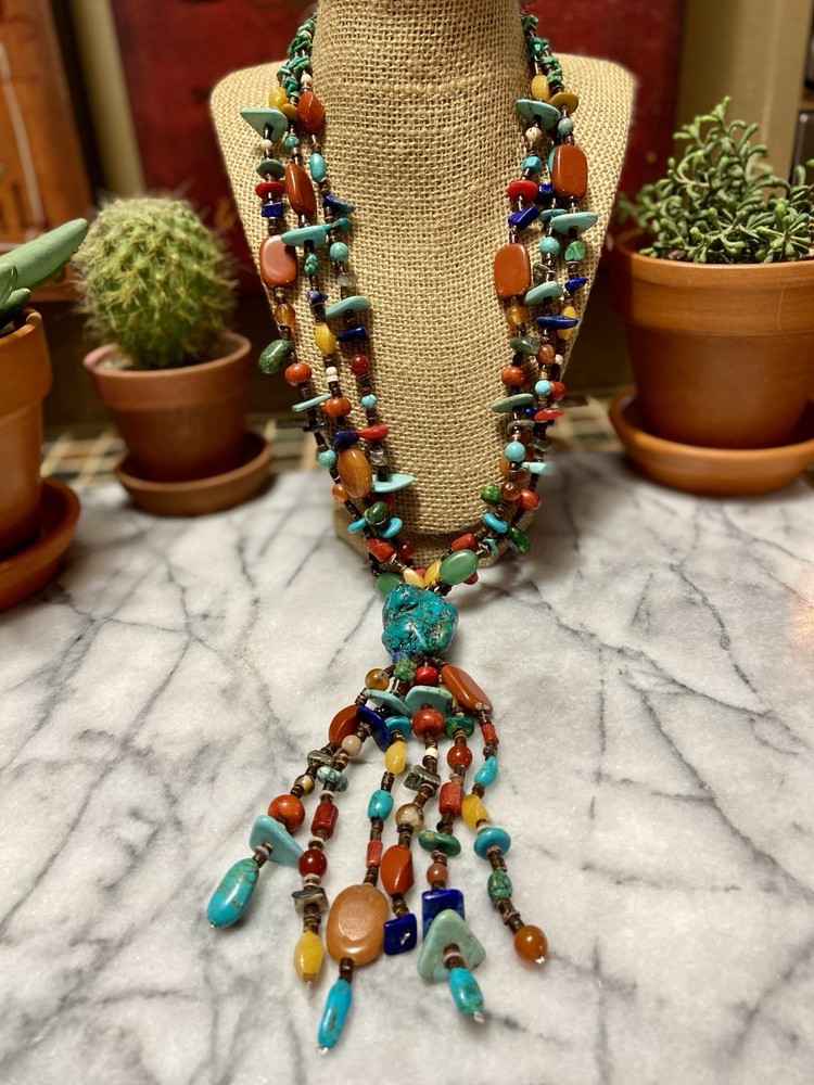 NATIVE AMERICAN TURQUOISE TREASURE Gemstone Lariat Necklace & Sterling Clasp