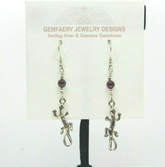 Sterling Silver Gecko Dangle Earrings w/ GARNET Dangle Earrings….Handmade USA