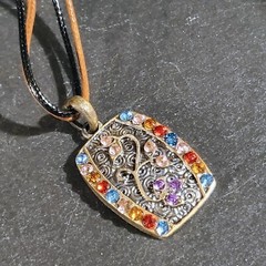 Rustic Antique Bronze Rhinestones Curvy Rectangle Pendant Necklace Vegan Leather