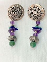 Silver Medallion Dangle Pierced Amethyst Turquoise Earrings