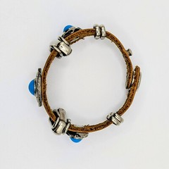 VTG Boho Festival Leather Bracelet Silver-tone Blue Faux Turquoise Snap Closure