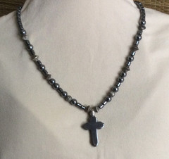Cross Pendant 16” Necklace Hematite Stones Handmade One Of A Kind
