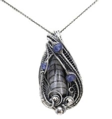 Orthoceras Fossil Wire-Wrapped Pendant in Sterling Silver with Tanzanite