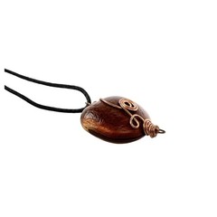 Pendant Necklace Artisan Copper Wire Wrap Wood Black Cord Boho Rustic Jewelry